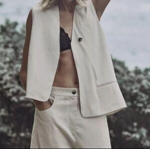 New ZARA WOMAN V-NECK ZW COLLECTION ASYMMETRIC STRIPED WAISTCOAT SAND Size S